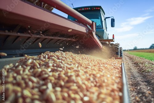 Close up of harvester pouring freshly corn maize seeds or soybeans into a container trailer and tractor in corn farm. Agriculture concept of production and harvest.