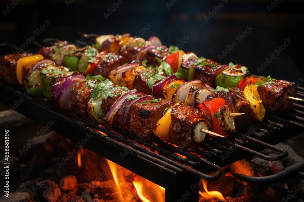 Shish kebab or shish kebab, grilled barbecue with vegetables. Fried pieces of pork meat on metal skewers.