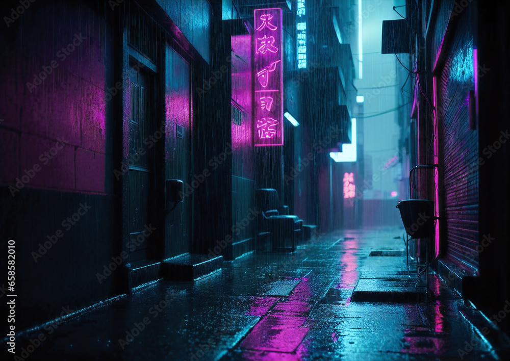 Φωτογραφία Neon lights of dystopian cyberpunk future, night time shot of dense city alley ways