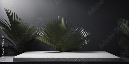 dark display podium banner with palm leaf © magann