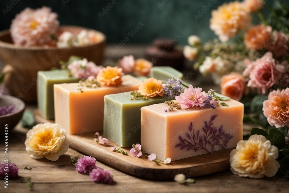 Handmade soap bars with flowers on wooden background. Handmade soap bars with flowers on wooden background.