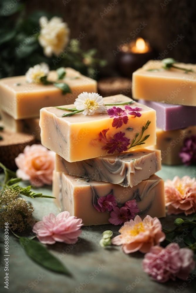Handmade soap bars with flowers on wooden background.