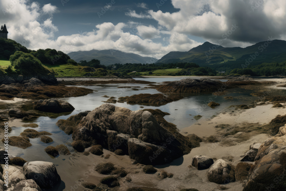 Fototapeta premium The iconic Eilean Donan Castle in the Scottish Highlands. Situated on a small tidal island where three lochs meet, Eilean Donan Castle is a symbol of Scotland's rich history and heritage. The castle's