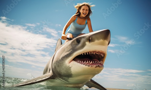 In an unlikely bond, the girl and the shark formed an extraordinary alliance as they traversed the ocean depths. photo