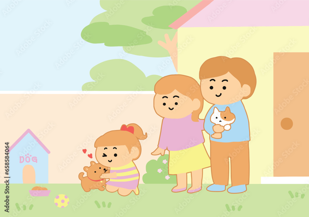 Family adopted for dogs and cats with love cartoon style. Family adopted for dogs and cats with love cartoon style.