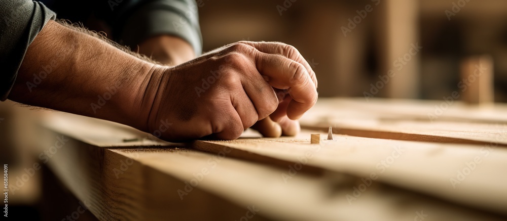 Carpenter working on wooden table in his workshop, closeup