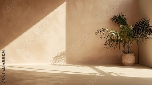 Empty Beige Space with Play of Light, Shadow, and Palms for Creative Design, Interior Design with Copy Space, Mockup © Konrad