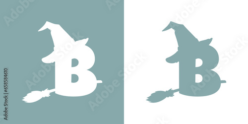 Icono letra inicial B con silueta de sombrero de bruja volando en escoba. Logo para su uso en invitaciones y tarjetas de Halloween
