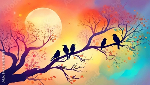 Silhouette of birds sitting on a tree branch.
