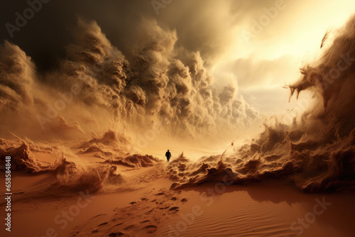 A sandstorm in the desert. A lonely man at the mercy of the elements