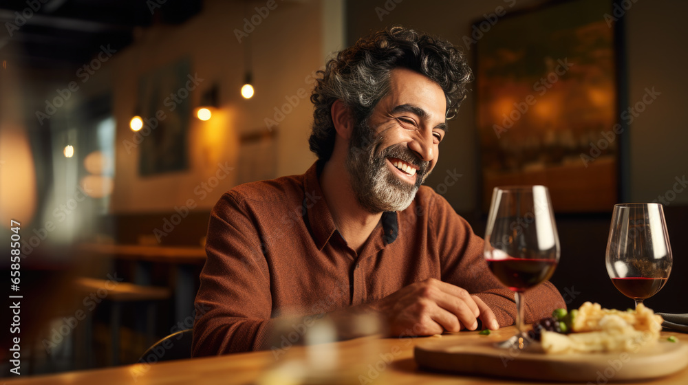 Man tastes an assortment of cheeses with wine at a restaurant Man tastes an assortment of cheeses with wine at a restaurant