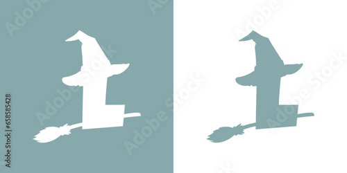 Icono letra inicial L con silueta de sombrero de bruja volando en escoba. Logo para su uso en invitaciones y tarjetas de Halloween