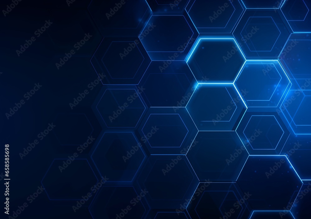 Blue and black technology based hexagon abstract backdrop. Image toned in 3D rendering software, abstract hexagon background in 3D with blue neon lights. Blue and black technology based hexagon abstract backdrop. Image toned in 3D rendering software, abstract hexagon background in 3D with blue neon lights.