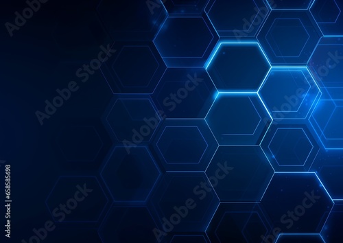 Blue and black technology based hexagon abstract backdrop. Image toned in 3D rendering software, abstract hexagon background in 3D with blue neon lights.