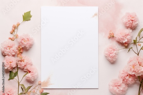 Minimal empty paper card mock up with pink flowers.