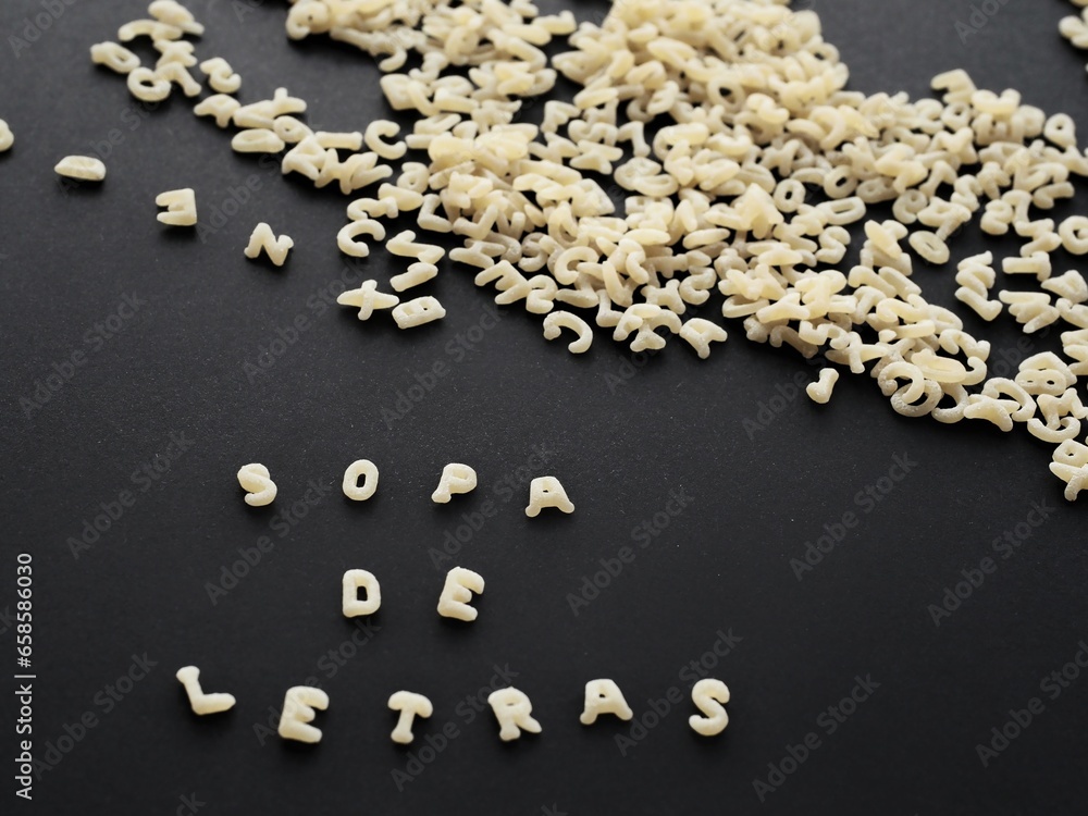 Alphabet pasta with Sopa de letras text Alphabet pasta with Sopa de letras text