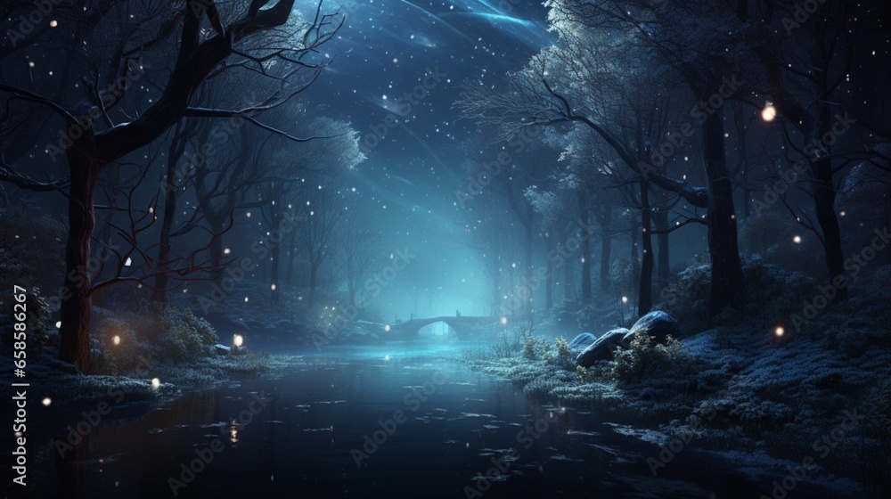 A magical forest with creatures playing in the snow under a canopy of sparkling digital stars.