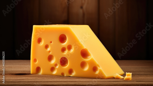 Piece of cheese isolated on wooden background.