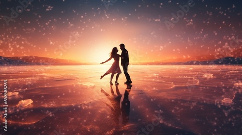 A luminous frozen lake with figures gracefully performing a synchronized ice dance.