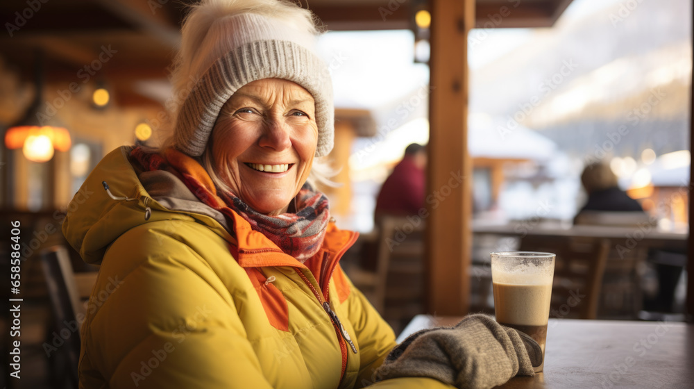 Happy senior woman drinks a hot drink at a skier's cafe at the top of a mountain. Happy senior woman drinks a hot drink at a skier's cafe at the top of a mountain.