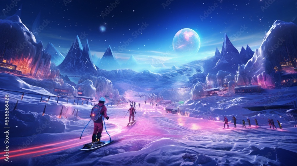 A virtual ski resort with guests enjoying a high-speed race down a glowing slope.