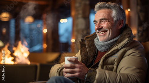 Happy senior man drinks a hot drink at a skier s cafe at the top of a mountain.