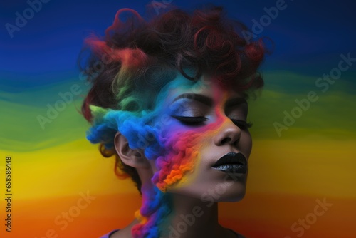 Portrait of girl with black lips on rainbow background