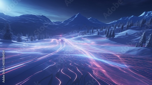 A virtual ski resort with guests enjoying a high-speed race down a glowing slope.