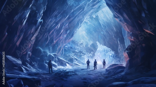 explorers discovering a hidden digital cave filled with shimmering ice crystals.