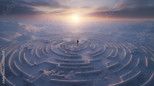 explorers embarking on a journey through a frozen labyrinth in a virtual arctic desert.