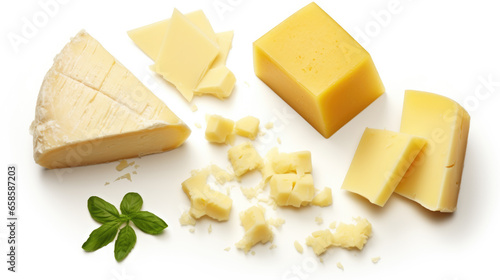 Set of different cheeses on white background. Top view.
