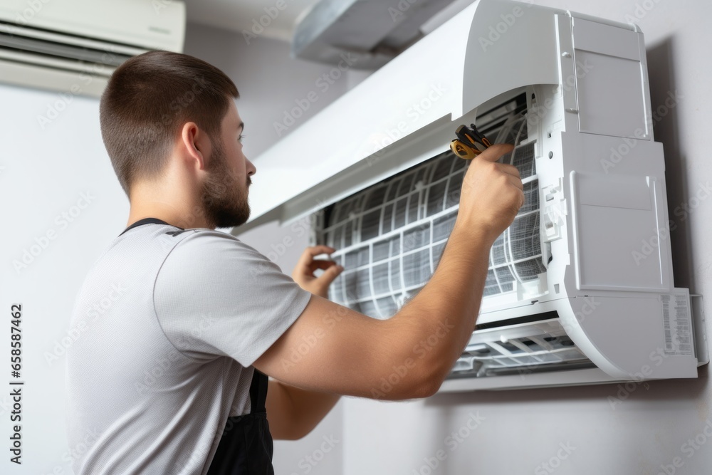 A man repairs air conditioner in a room. Conditioner service. AI generated