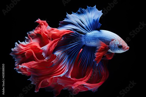 Capture the moving moment of blue and red siamese fighting fish isolated on black background. betta fish. 