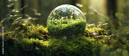 Crystal ball on green moss in the forest