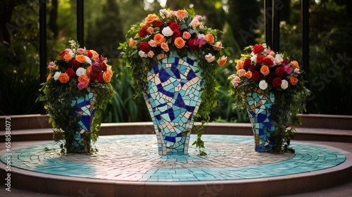 A mosaic podium at an outdoor wedding ceremony, adorned with fresh flowers.