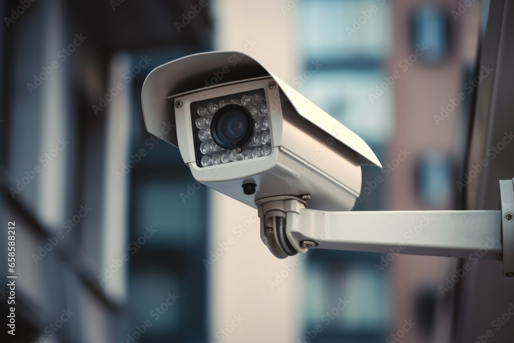 Close up futuristic CCTV security camera in street of smart city Close up futuristic CCTV security camera in street of smart city