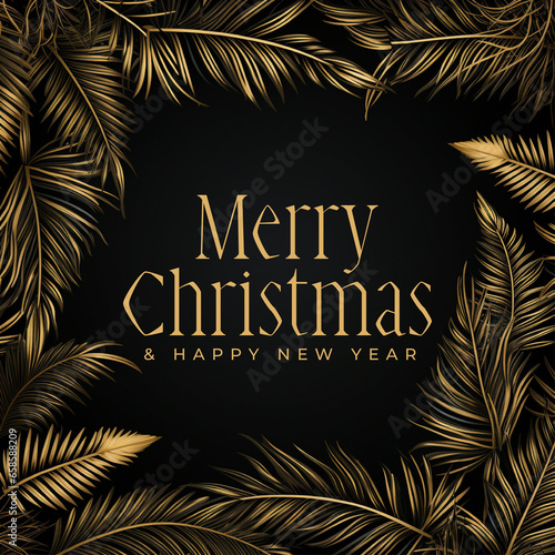 merry christmas card with golden palm leaves and a square frame  merry christmas gold and black festival background