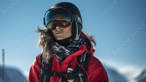 Portrait of a female skier in helmet and winter clothes on the background of snow-covered mountain slope © MP Studio