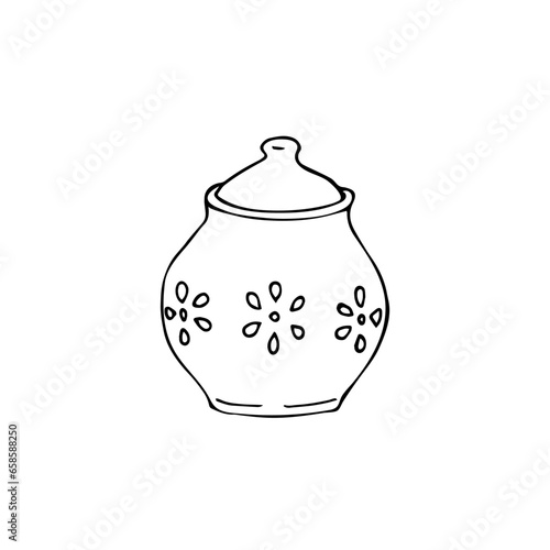 Hand-drawn sugar bowl, isolated vector kitchen utensil on white background