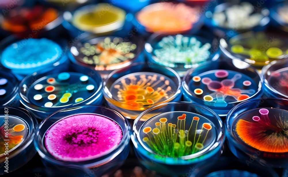 Colorful variety of microorganism inside petri dish plate in laboratory.  - obrazy, fototapety, plakaty 