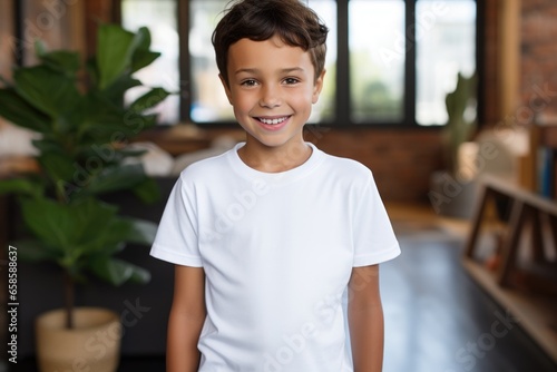 White blank t shirt mock up. Boy in cafe photo