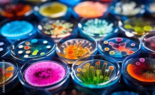 Colorful variety of microorganism inside petri dish plate in laboratory. 
