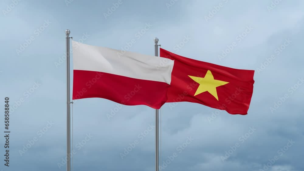Vietnam and Poland flag waving together on cloudy sky, endless seamless loop Vietnam and Poland flag waving together on cloudy sky, endless seamless loop