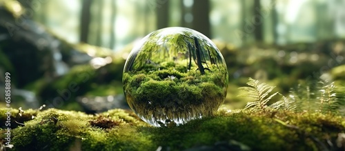 Crystal ball on green moss in the forest