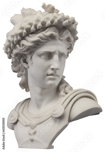 Greek bust of a handsome young man on a transparent background, with a grainy texture, vintage illustration