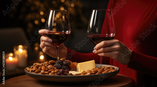 Woman tastes an assortment of cheeses with wine at a restaurant