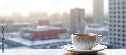 Cup of coffee on the windowsill in winter