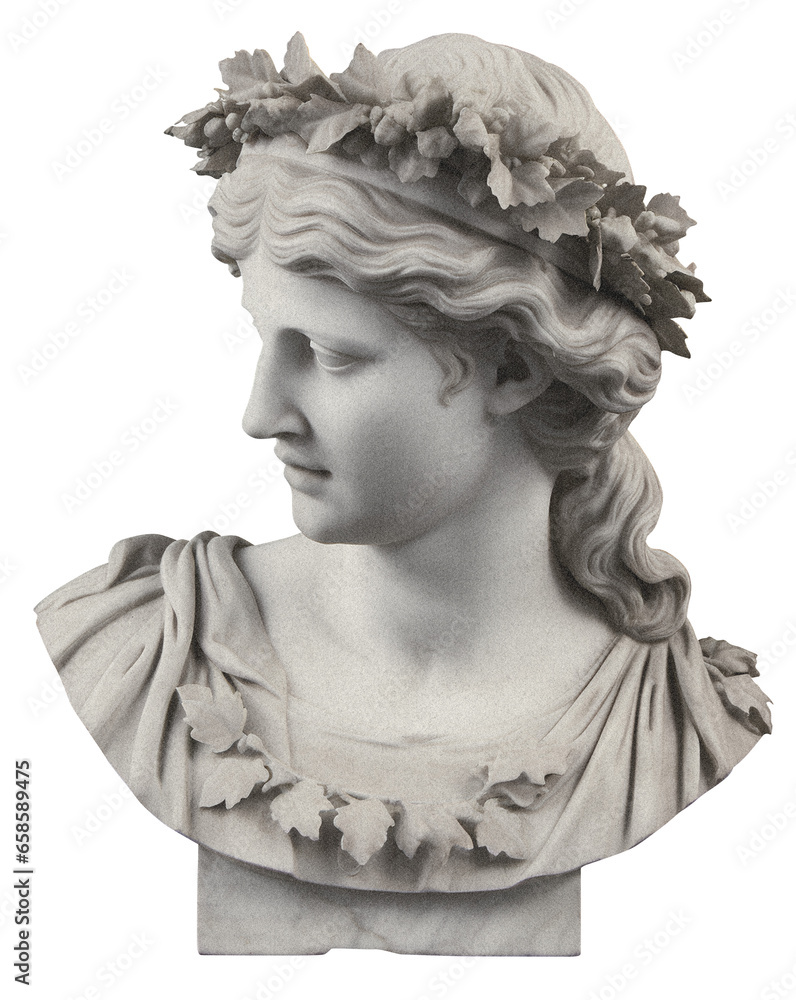 Greek bust of a goddess with a wreath on her head on a transparent background, with a grainy texture, vintage illustration