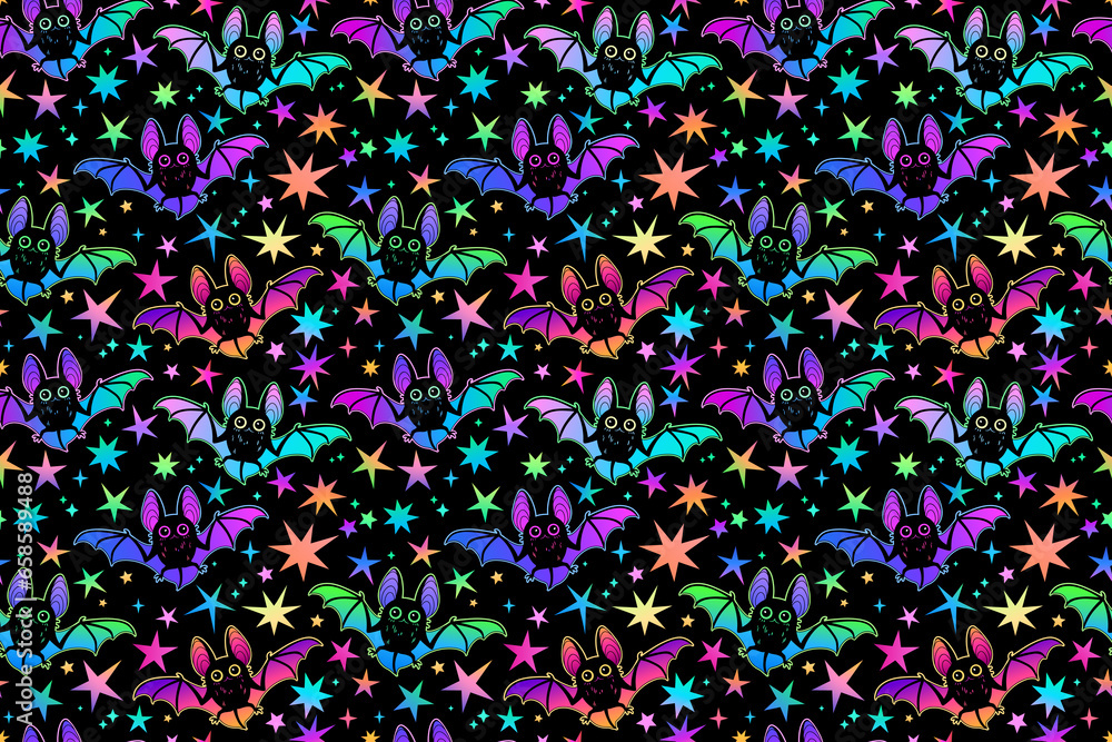 Seamless pattern of colorful flying bats