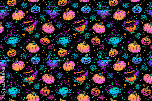 Seamless pattern with cute cats and Halloween pumpkin